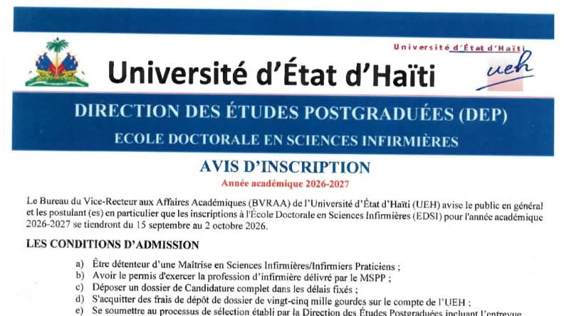 Avis d'inscription à l'Ecole doctorale en Sciences infirmières de l'UEH